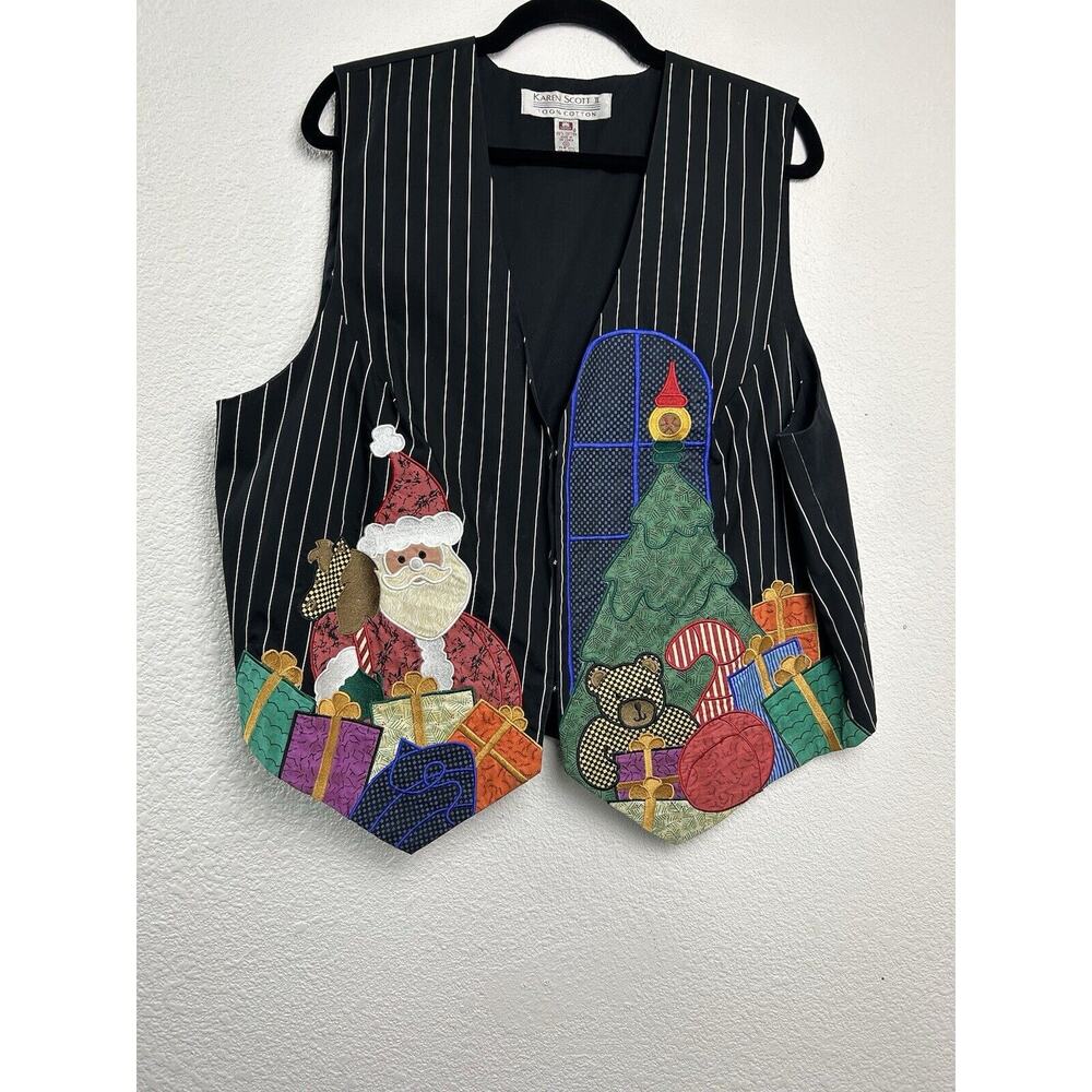Vintage Karen Scott‎ II Women's Size 1X Acrylic Black Christmas Vest Tree Santa